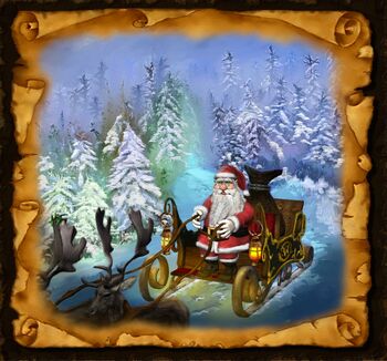 Der Weihnachten fährt gerade mit seinem Schlitten zur Geschenkeverteilung zu den Menschen