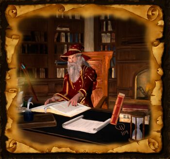 Ein Zauberer der gerade an seinem Schreibtisch sitzt und die Geheimnisse des Universums erforscht - oder neue Zauberformeln ausarbeitet.