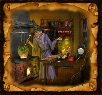 Die böse Hexe Malefica in ihrer Hexenküche bei der Zubereitung eines gefährlichen Zaubertranks.