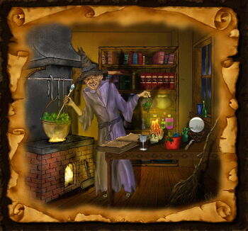 Die böse Hexe Malefica in ihrer Hexenküche bei der Zubereitung eines gefährlichen Zaubertranks.