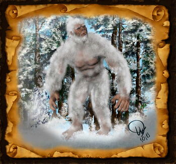 Der Yeti, das Fabelwesen aus dem Himalaya, auf einem Rundgang im Schnee