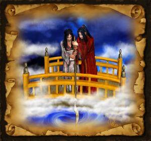 Izanagi und Izanami auf der schwebenden Himmelsbrücke Ama-no-hashidate