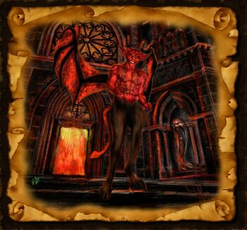 Der Teufel steht in der Hölle vor seinem Palast